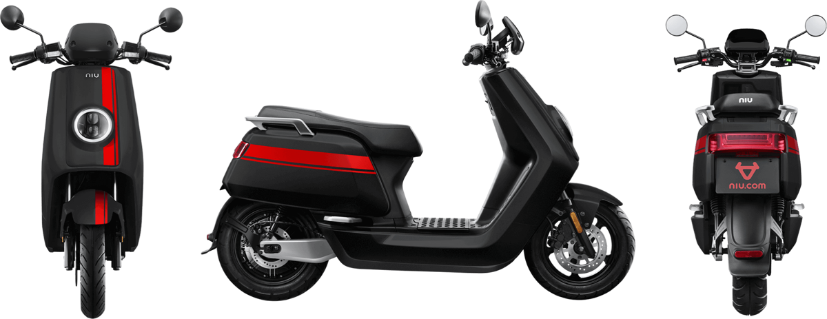 NIU NQi GTs Pro elektro motorollers, melns ar sarkanām svītrām