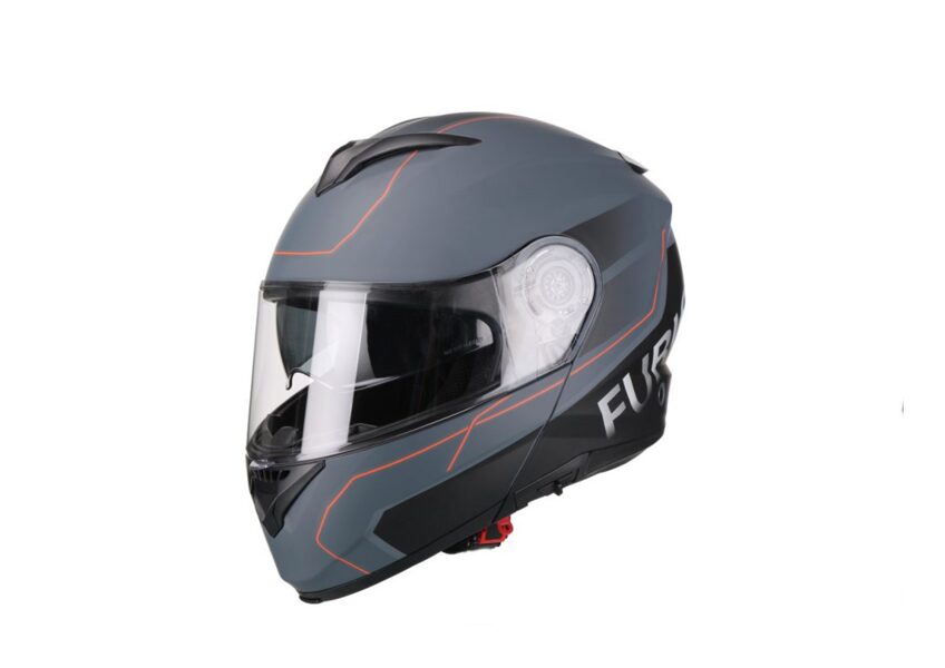 Moto ķivere FURIO ar paceļamu žokli, matēti pelēka ar sarkanu