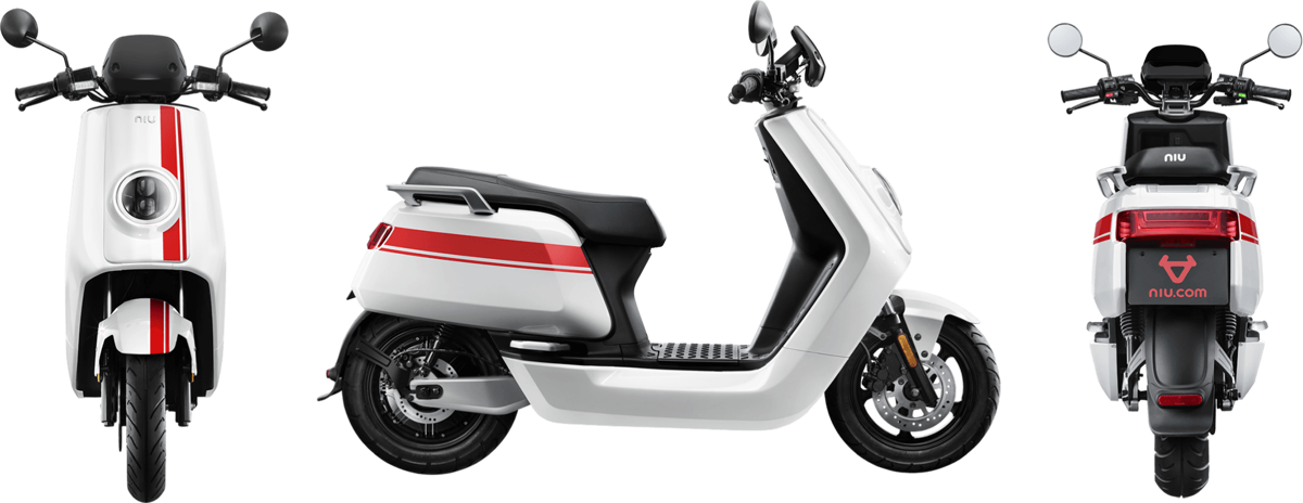 NIU NQi GTs Pro elektriskais motorolleris, balts ar sarkanām svītrām
